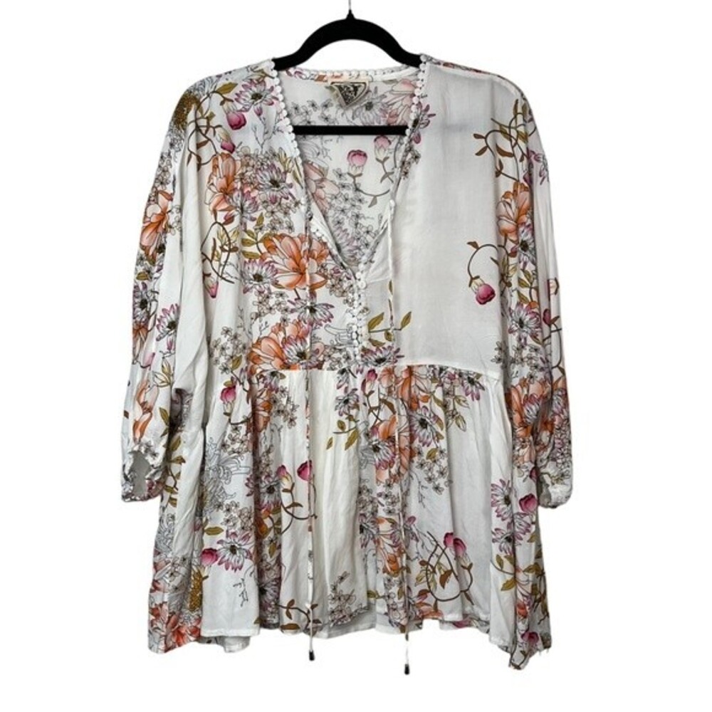 Jaase White Floral Oversized Blouse 3/4 Sleeves Size XS Women